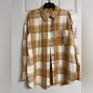 T14- UNIVERSAL THREAD Gold-Tan-Cream Plaid COTTON Flannel Shirt